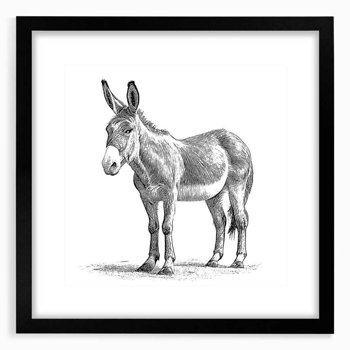 Black-framed wall art collection showcasing a whimsical donkey design, featuring vibrant colors and intricate details, perfect for animal lovers and home decor enthusiasts.