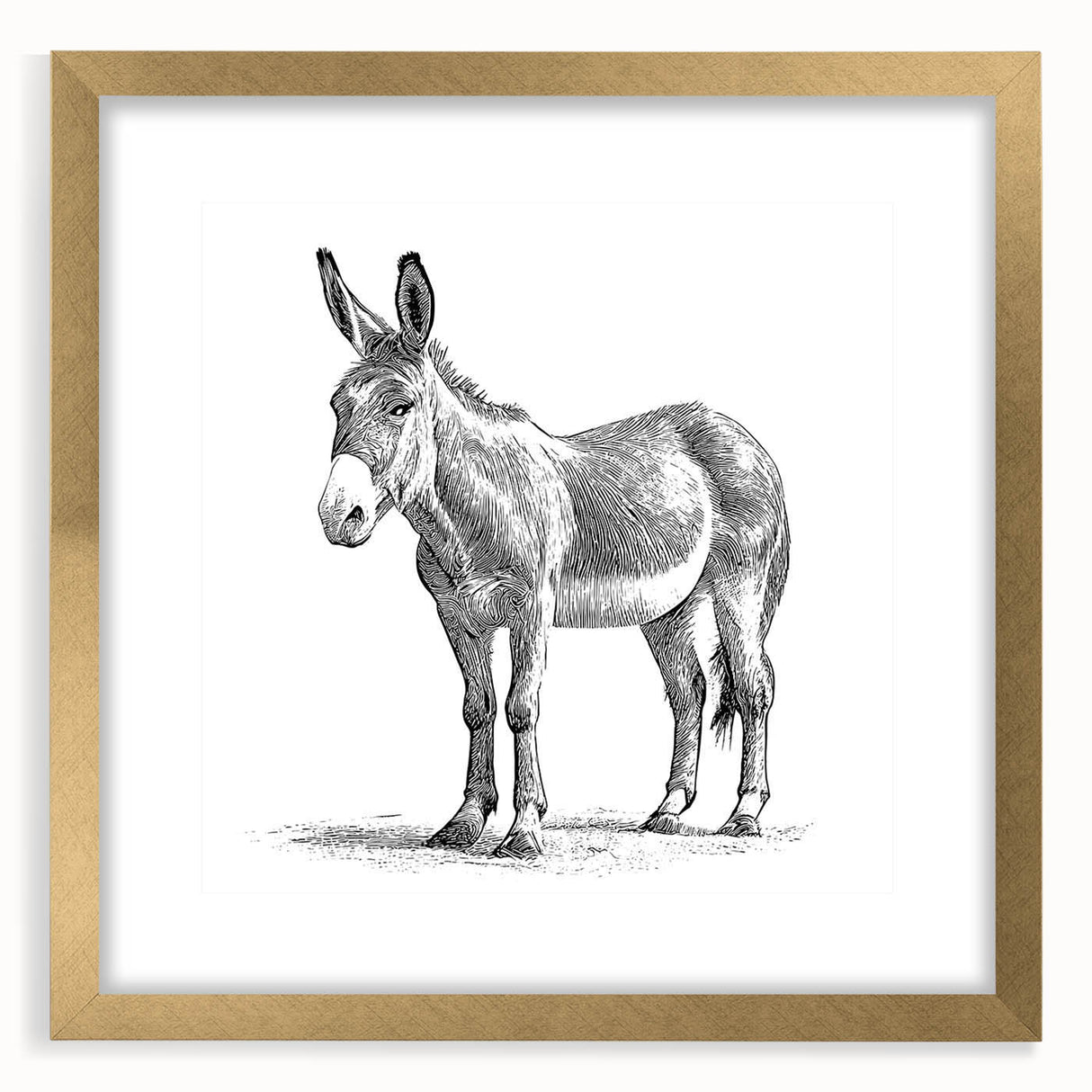 Framed wall art featuring a whimsical donkey design in a gold frame, with a mat surrounding the image, perfect for enhancing home decor and animal-themed aesthetics.