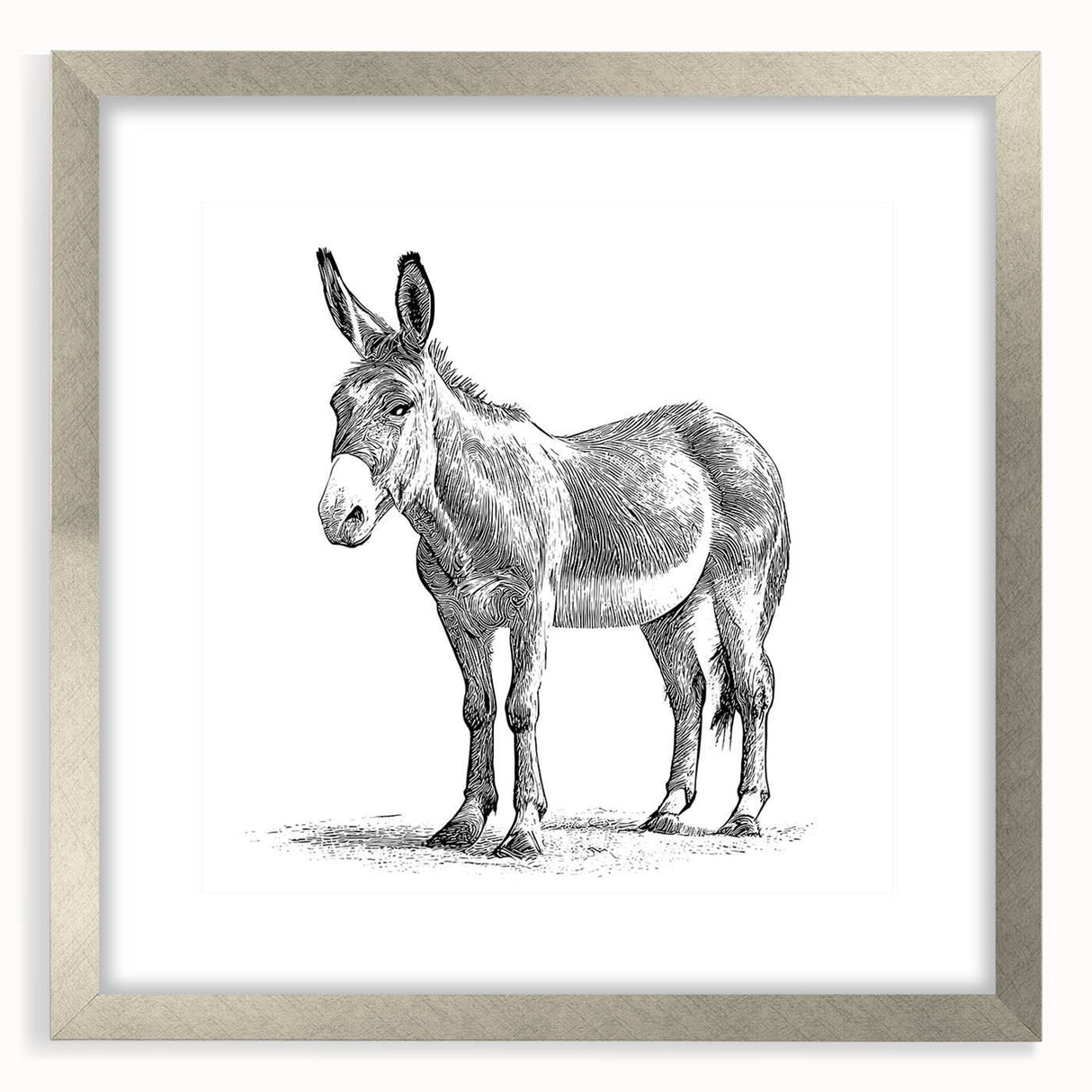 Framed wall art depicting a detailed donkey design from the "Animals: A Wild Life" collection, featuring a silver frame and white mat, perfect for home decor.