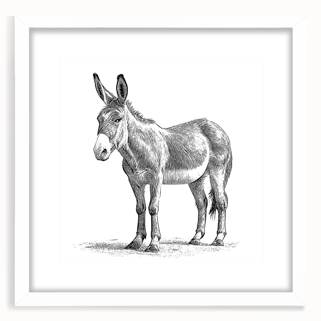 Framed wall art featuring a whimsical donkey design, set against a white mat, ideal for adding a playful touch to home decor. Perfect for animal lovers and kids' rooms.
