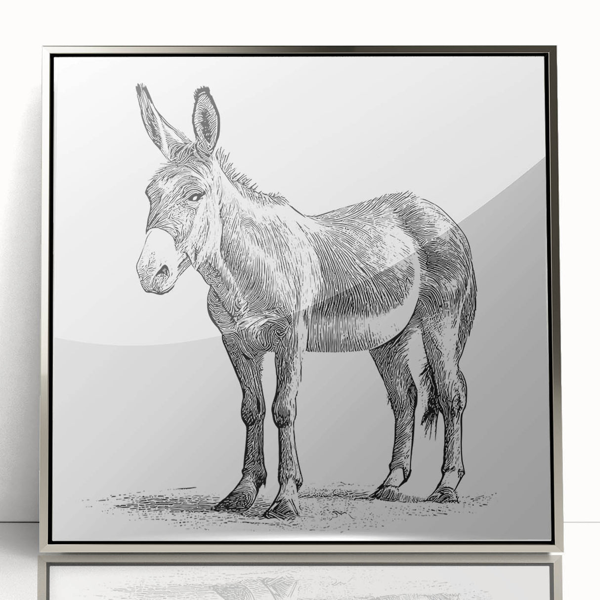 Framed wall art featuring a striking silver-accented donkey design, showcasing intricate details and vibrant colors, perfect for animal lovers and modern decor enthusiasts.