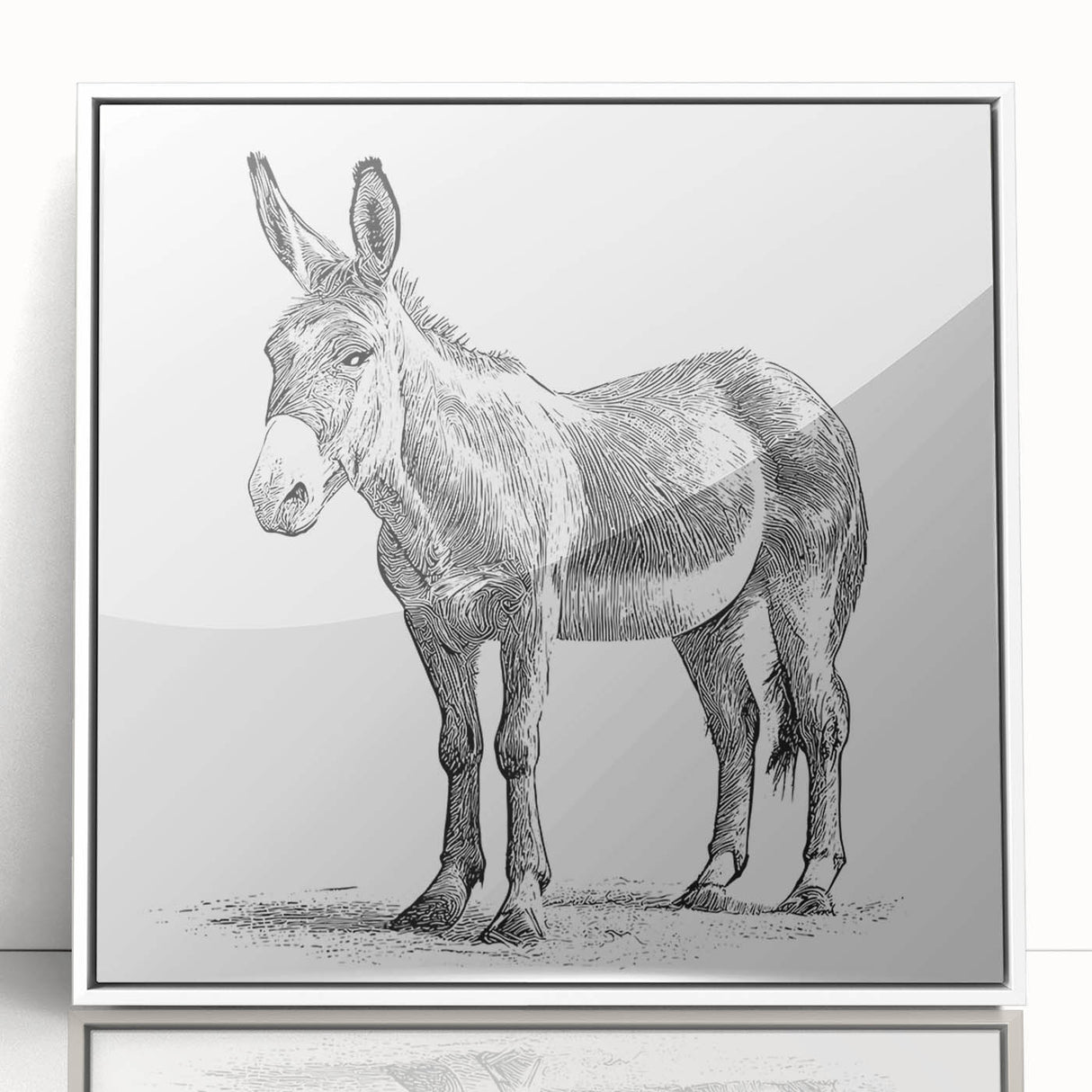 Framed acrylic wall art featuring a whimsical donkey design from the 'Animals: A Wild Life' collection, showcasing vibrant colors and a modern white frame. Perfect for adding a playful touch to any room's decor.