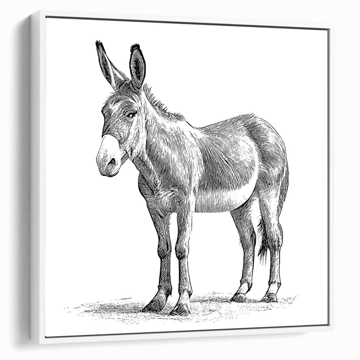Framed canvas wall art showcasing a side view of a donkey design, featuring earthy tones and intricate details, perfect for animal lovers and rustic decor enthusiasts.