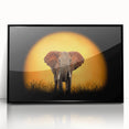 Framed wall art showcasing a striking black and white elephant design, featuring intricate details and a sleek acrylic surface, perfect for wildlife enthusiasts.