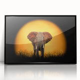 Framed wall art showcasing a striking black and white elephant design, featuring intricate details and a sleek acrylic surface, perfect for wildlife enthusiasts.