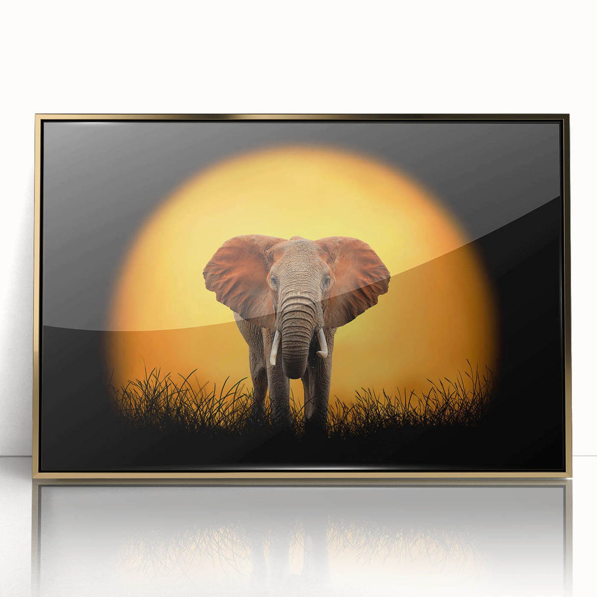 Framed wall art featuring a striking front view of an elephant design, set against a gold-acrylic background, perfect for adding a touch of wildlife elegance to home decor.