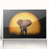Framed wall art featuring a stunning African elephant design in vibrant colors, set against a white background, ideal for wildlife enthusiasts and modern decor.