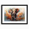 Elegant black-framed wall art featuring a majestic elephant design, surrounded by a white mat, ideal for wildlife enthusiasts and home decor accents. Perfect for adding a touch of nature-inspired elegance to any room while celebrating wildlife artistry.