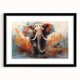 Elegant black-framed wall art featuring a majestic elephant design, surrounded by a white mat, ideal for wildlife enthusiasts and home decor accents. Perfect for adding a touch of nature-inspired elegance to any room while celebrating wildlife artistry.