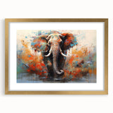 Framed wall art featuring a majestic elephant design with a gold mat, showcasing intricate details on a textured surface, perfect for wildlife enthusiasts and home decor.