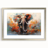 Framed wall art featuring a majestic elephant design in a silver frame, showcasing intricate details and a mat border, perfect for wildlife enthusiasts and home decor.