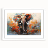 Elephant-themed wall art design showcasing a detailed illustration of an elephant within a white frame, accentuated by a mat, ideal for nature lovers and home decor enthusiasts.