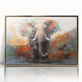 Framed wall art featuring a majestic elephant design, accentuated with gold accents, showcasing vibrant colors and intricate details. Perfect for wildlife enthusiasts.