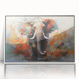 Framed wall art featuring a stunning white-front view of an elephant design, showcasing intricate details and vibrant colors, perfect for wildlife enthusiasts and home décor.