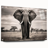 Side view of a modern acrylic wall art piece featuring a vibrant elephant design, showcasing intricate details and colors, perfect for nature lovers and home decor.