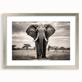 Framed wall art featuring a majestic elephant design with intricate details, set in a sleek silver frame, perfect for wildlife enthusiasts and modern decor.