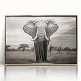 Framed wall art featuring a majestic elephant design in gold and black acrylic, showcasing intricate details against a sleek, modern backdrop. Perfect for wildlife enthusiasts.