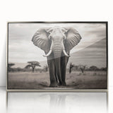 Framed wall art showcasing a majestic elephant design in silver tones, set against a minimalistic background, perfect for wildlife enthusiasts and modern decor.