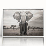 Framed wall art featuring a striking elephant design in a white acrylic frame, showcasing vibrant colors and intricate details, perfect for wildlife enthusiasts and home decor.