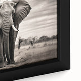 Close-up of a framed canvas wall art featuring a majestic African elephant design, showcasing intricate details and natural colors, ideal for wildlife decor enthusiasts.