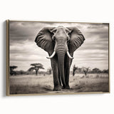 Framed canvas wall art depicting a majestic elephant in a gold-toned design, showcasing intricate details and textures, perfect for wildlife enthusiasts and home decor.
