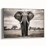 Framed canvas wall art depicting a majestic silver elephant side view, showcasing intricate details and textures, perfect for wildlife enthusiasts and home decor.