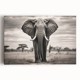 Stretched canvas wall art showcasing a majestic elephant design in vibrant colors, ideal for nature lovers seeking unique home decor. Perfect for adding a wildlife theme to any room.