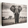 Stretched canvas wall art showcasing a side view of a majestic elephant in a natural habitat, featuring earthy tones and intricate details for wildlife enthusiasts.