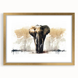 Elegant wall art featuring a majestic elephant design, framed in gold with a mat, showcasing wildlife beauty and perfect for home decor.