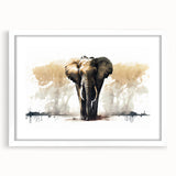Framed wall art showcasing a stunning elephant design in a minimalistic white frame, perfect for wildlife enthusiasts and modern decor lovers. The artwork captures the majestic beauty of elephants in a serene, artistic style, adding a touch of nature-inspired elegance to any space.