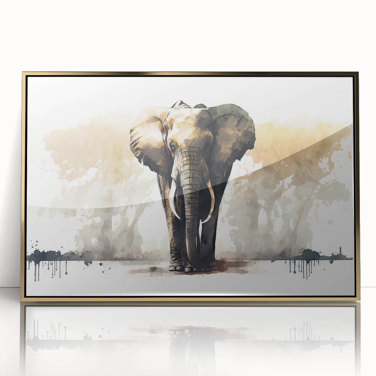 Framed acrylic wall art featuring a majestic elephant design in gold, showcasing intricate details and textures against a neutral background, ideal for wildlife enthusiasts.