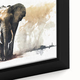 Close-up of a framed canvas wall art featuring a beautifully detailed elephant design, showcasing intricate textures and vibrant colors, perfect for wildlife enthusiasts.