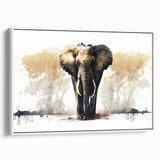 Framed wall art featuring a side view of a majestic elephant design in a minimalist style, perfect for wildlife enthusiasts and modern decor. The artwork showcases intricate details and a serene color palette, ideal for enhancing any living space or office environment. This canvas print adds an elegant touch to home decor while celebrating the beauty of wildlife.