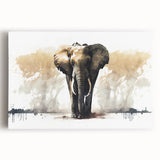 Stretched canvas wall art featuring a majestic front view of an African elephant, showcasing intricate textures and earth-toned colors, perfect for wildlife enthusiasts.