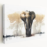Stretched canvas wall art featuring a side view of a majestic elephant in a natural setting, showcasing detailed textures and earthy tones, perfect for wildlife enthusiasts.
