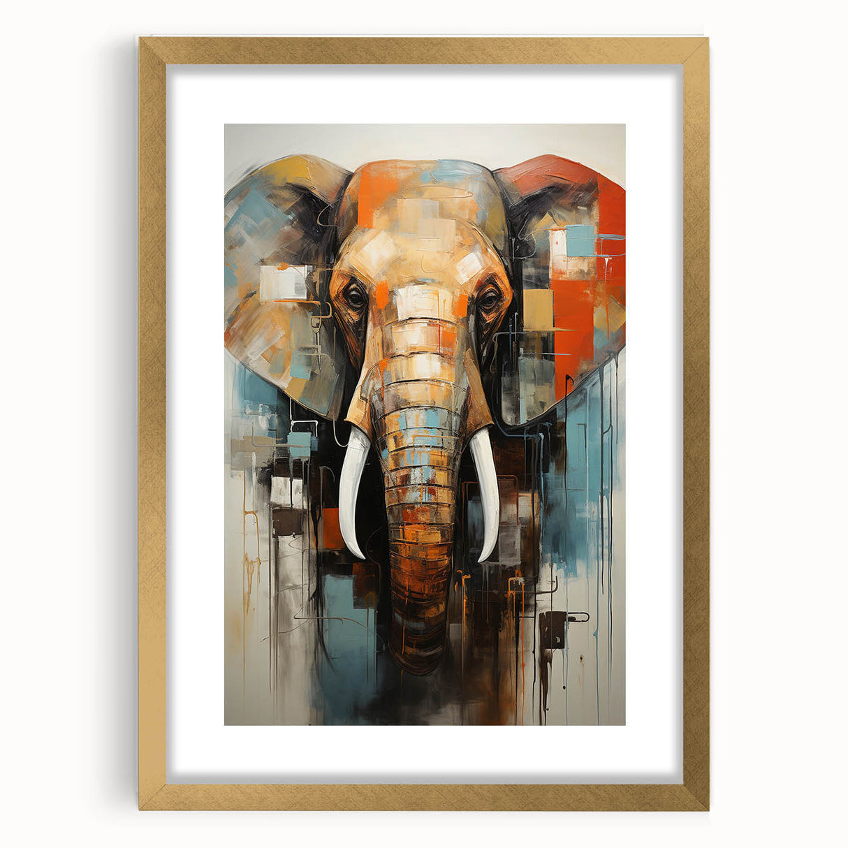 Elegant gold-framed wall art print featuring a majestic elephant design, surrounded by a white mat, perfect for wildlife enthusiasts and home decor lovers.