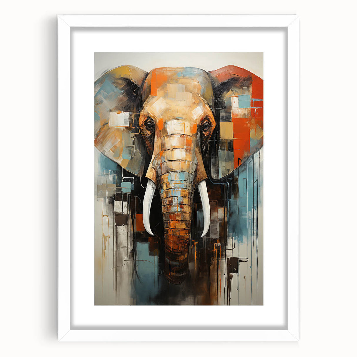 Framed wall art featuring an elegant elephant design in a minimalist white frame, showcasing intricate details and soft color tones, perfect for animal lovers and home decor.