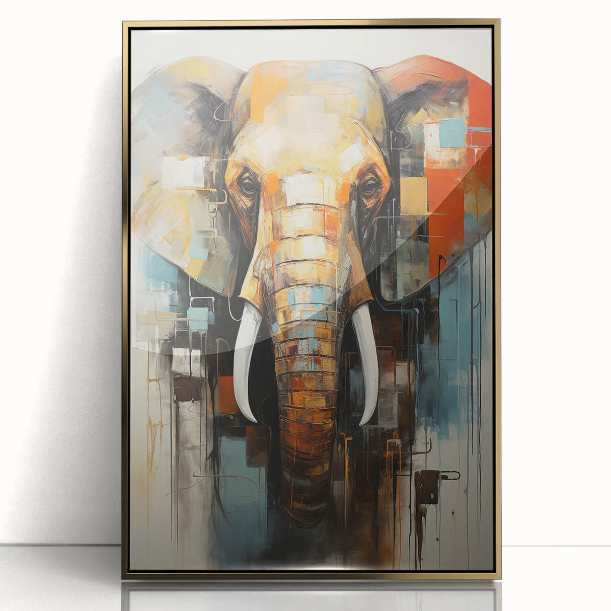 Framed wall art featuring a majestic front view of an elephant, designed with a gold acrylic finish, showcasing wildlife beauty and elegance in a modern setting.