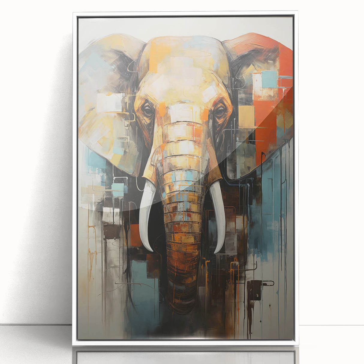 Framed acrylic wall art showcasing a majestic elephant design in a white frame, highlighting intricate details and vibrant colors, perfect for wildlife enthusiasts.