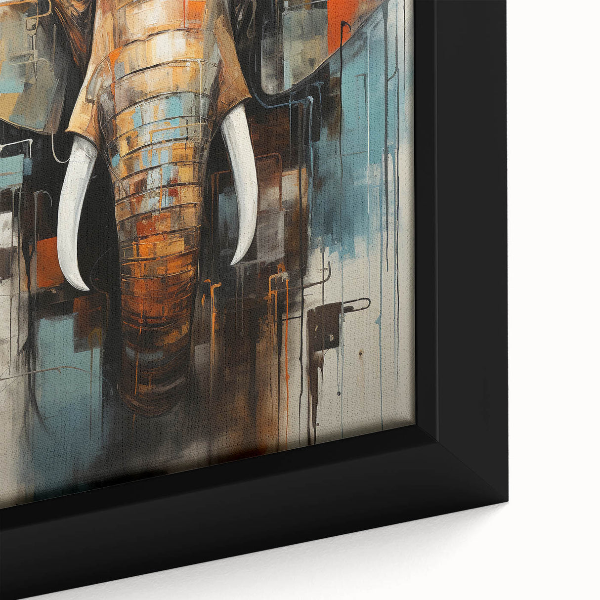 Close-up of a framed canvas wall art featuring a majestic African elephant, showcasing intricate details and vibrant colors, perfect for wildlife enthusiasts.