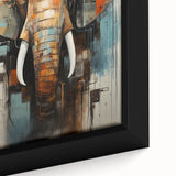 Close-up of a framed canvas wall art featuring a majestic African elephant, showcasing intricate details and vibrant colors, perfect for wildlife enthusiasts.