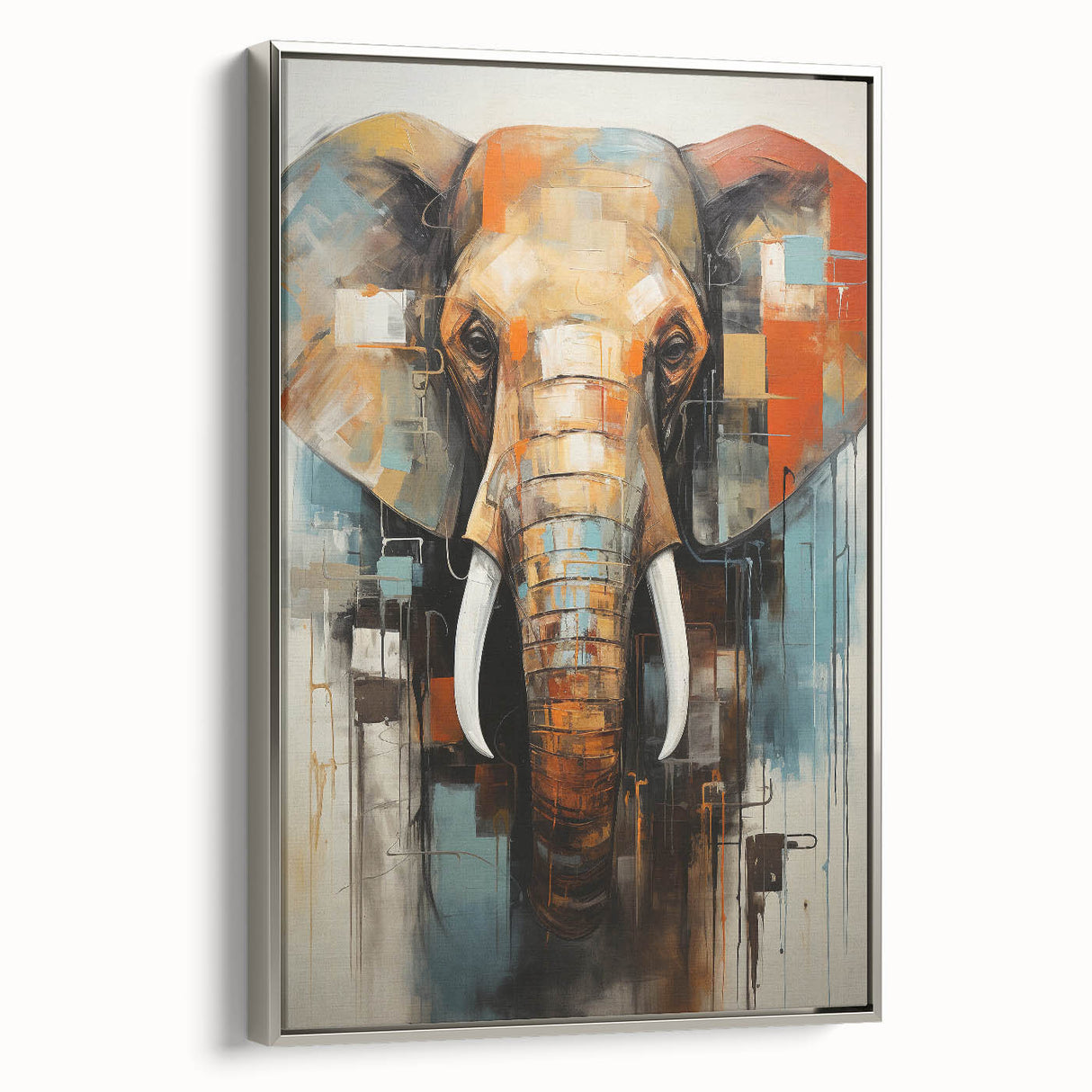 Framed canvas wall art featuring a majestic silver elephant design in profile, showcasing intricate details and texture, ideal for wildlife enthusiasts' decor.