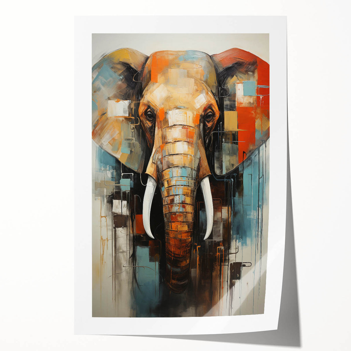 Elephant-themed wall art print showcasing a vibrant and colorful design, rolled and ready for display, perfect for animal lovers and home decor enthusiasts.