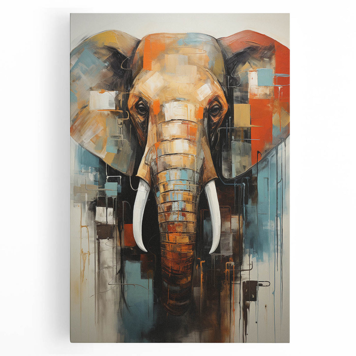 Stretched canvas wall art featuring a striking front view of a majestic elephant, showcasing intricate details and natural colors, perfect for wildlife enthusiasts.