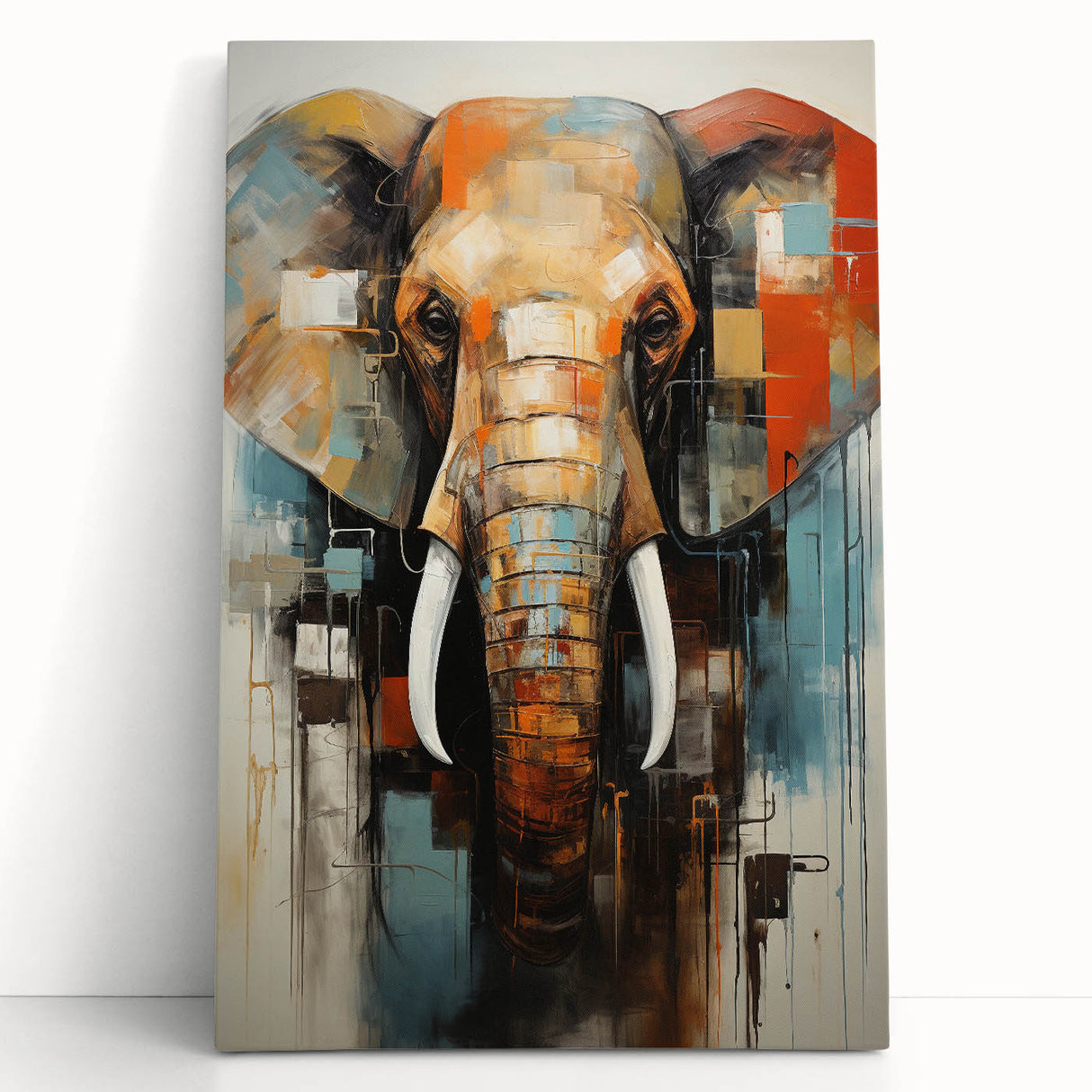 Stretched canvas wall art featuring a majestic elephant design in vibrant colors, showcasing the beauty of wildlife and nature, perfect for home decor enthusiasts.