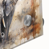 Close-up of a vibrant acrylic wall art piece showcasing an African elephant design, featuring intricate details and a striking color palette, perfect for nature lovers.
