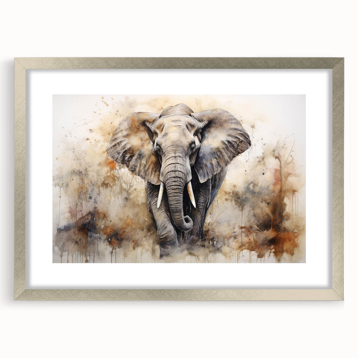 Framed wall art featuring a majestic elephant design in a silver frame with a mat, perfect for adding a touch of wildlife elegance to home decor.