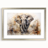 Framed wall art featuring a majestic elephant design in a silver frame with a mat, perfect for adding a touch of wildlife elegance to home decor.