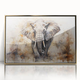 Framed wall art featuring a striking gold-accented front view of an elephant, showcasing intricate details and vibrant colors, perfect for wildlife enthusiasts.