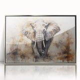 Framed wall art showcasing a majestic elephant in a wild setting, with a sleek silver frame enhancing the vibrant colors and intricate details, perfect for animal lovers.